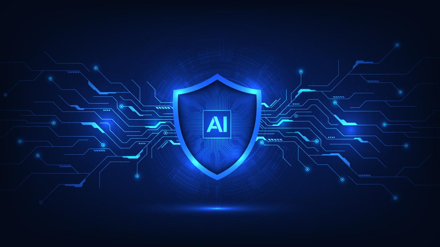 A glowing shield marked AI on a circuit-board background
