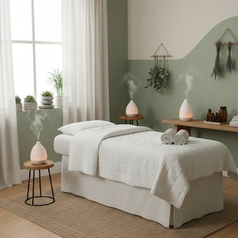 A calm treatment room with white linens, plants and aromatherapy diffusers