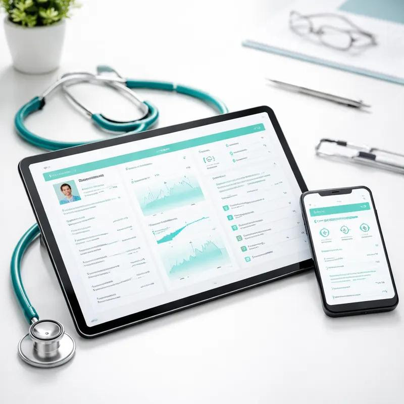 A tablet and phone showing a health dashboard beside a stethoscope