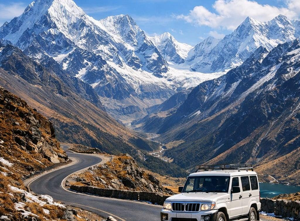 A white expedition vehicle on a winding road beneath snow-covered mountains